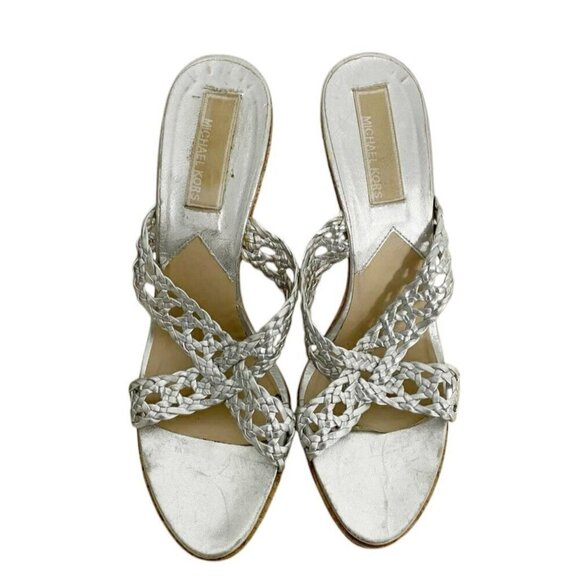 Michael Kors Size 7.5 Silver Cork Heel Sandals Platform - Picture 2 of 9